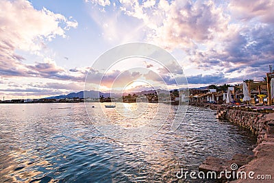 Panoramic view on sea â€‹â€‹bay on sunset, Dahab, Egypt Editorial Stock Photo